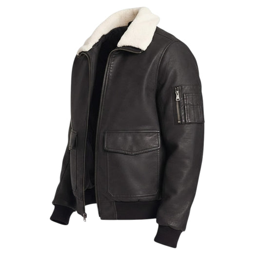 Men’s Black Shearling Leather Aviator Pilot Bomber Jacket Winter Coat