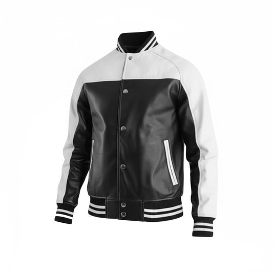 Terrance Varsity Jacket in Black and White Leather