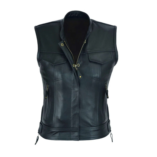 Women Club Style Biker Vest Premium Cowhide Leather
