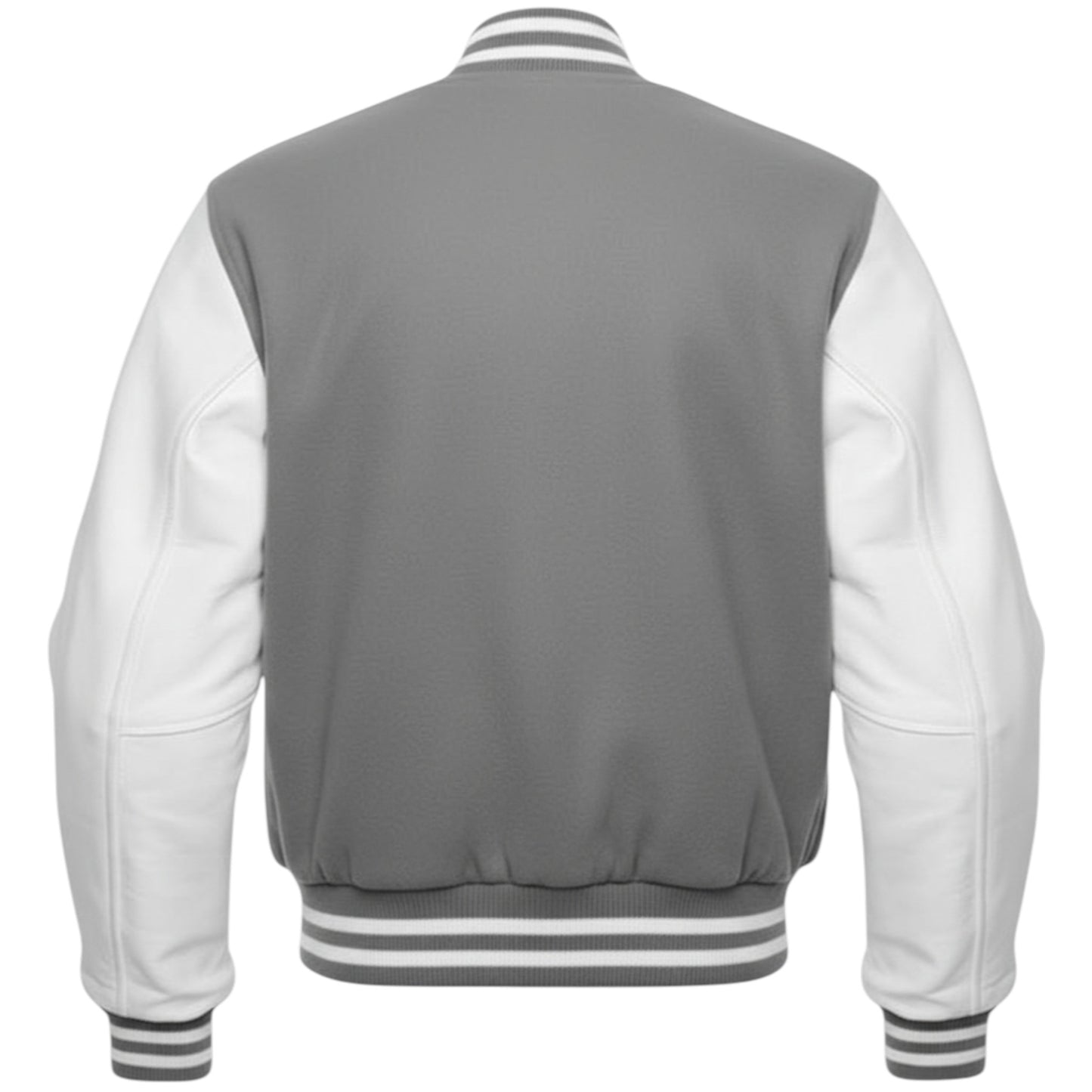 Gray and white varsity jacket on a white background