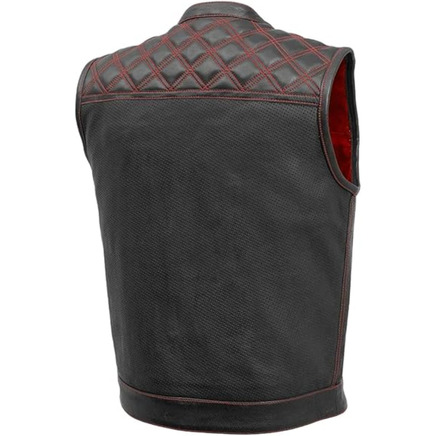 Black leather vest with quilted back design on a white background