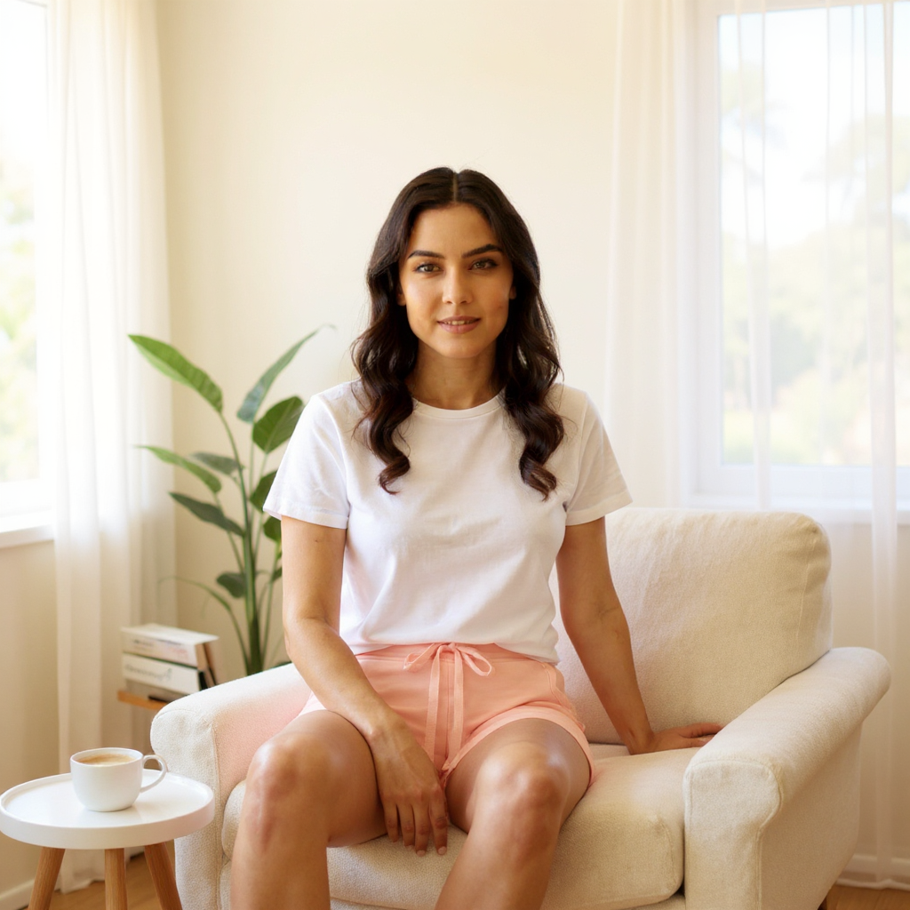 Woman sitting on a white couch in a bright room with a plant and coffee cup.