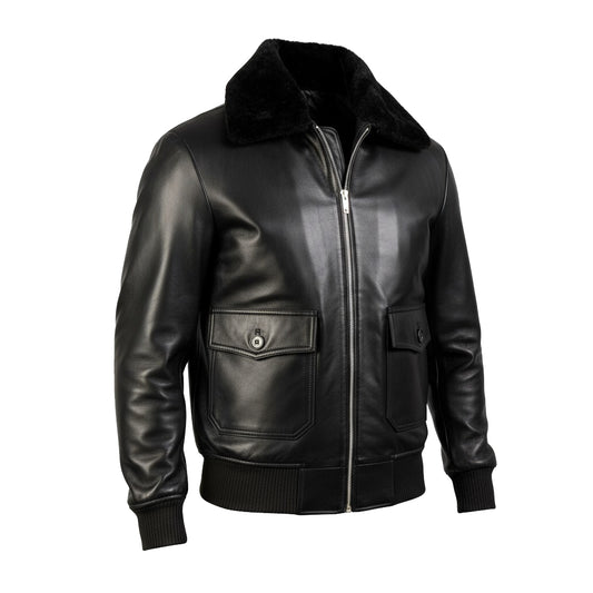 Black leather jacket with fur collar on a white background