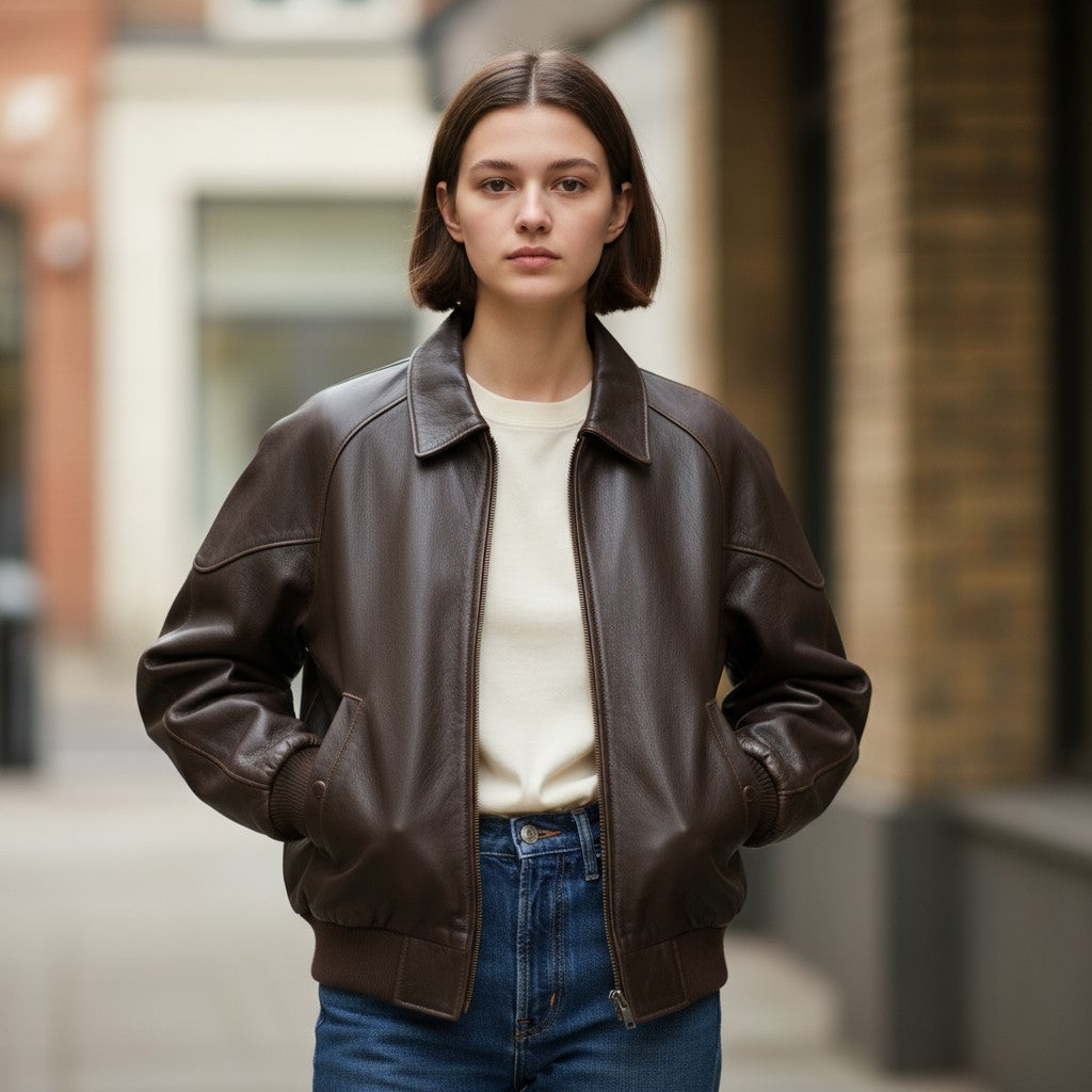 Person wearing a brown leather jacket and blue jeans standing on a street.
