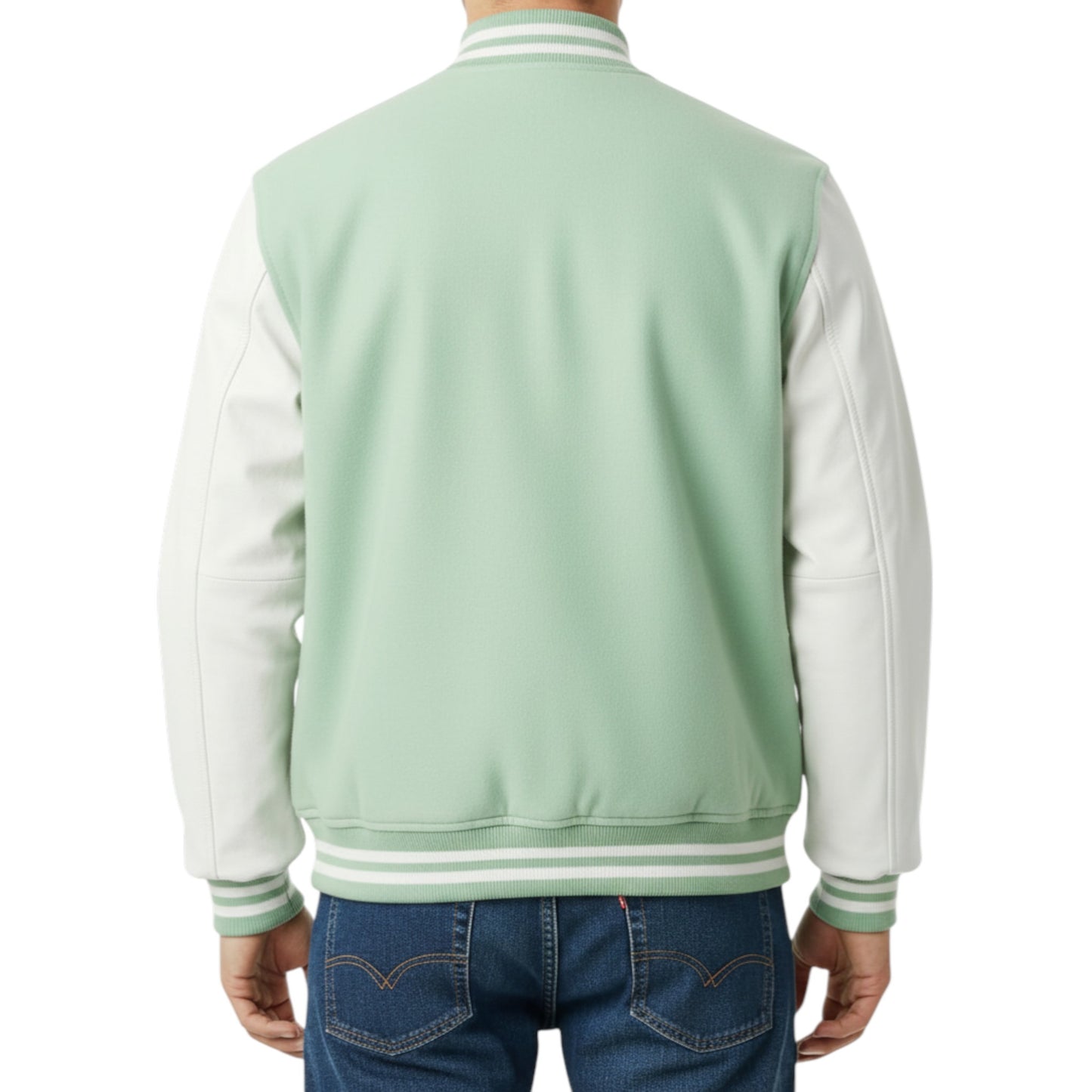 Light green varsity jacket with white sleeves worn by a person on a white background