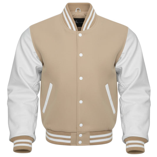 Beige and white varsity jacket on a white background