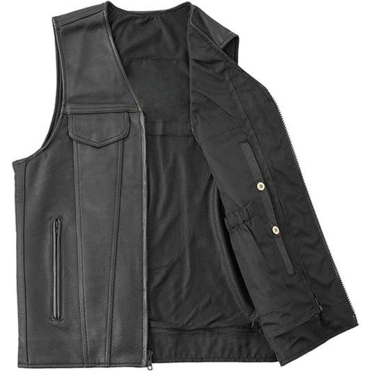 Black leather vest with zippers and buttons on a white background