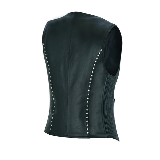 Black leather vest with white studs on a white background