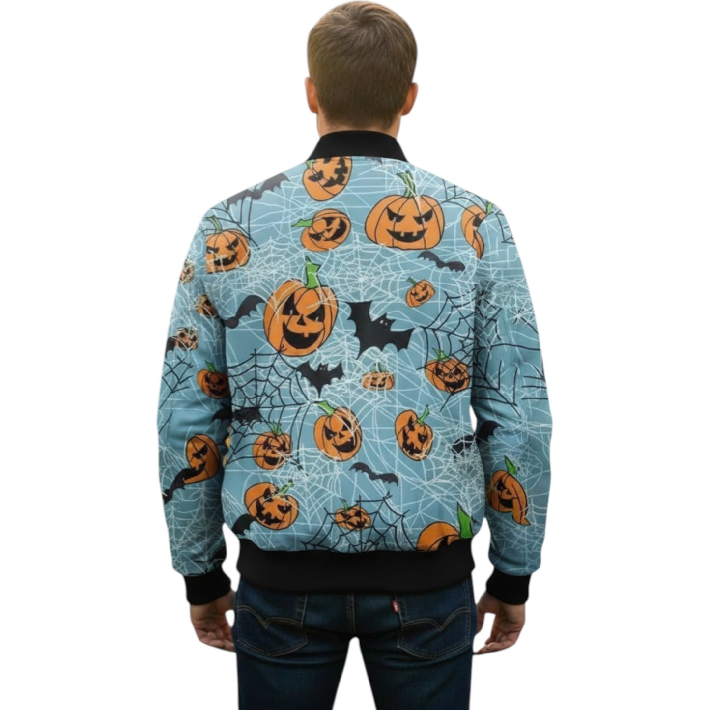 Person wearing a Halloween-themed jacket with pumpkins and cobwebs on a white background