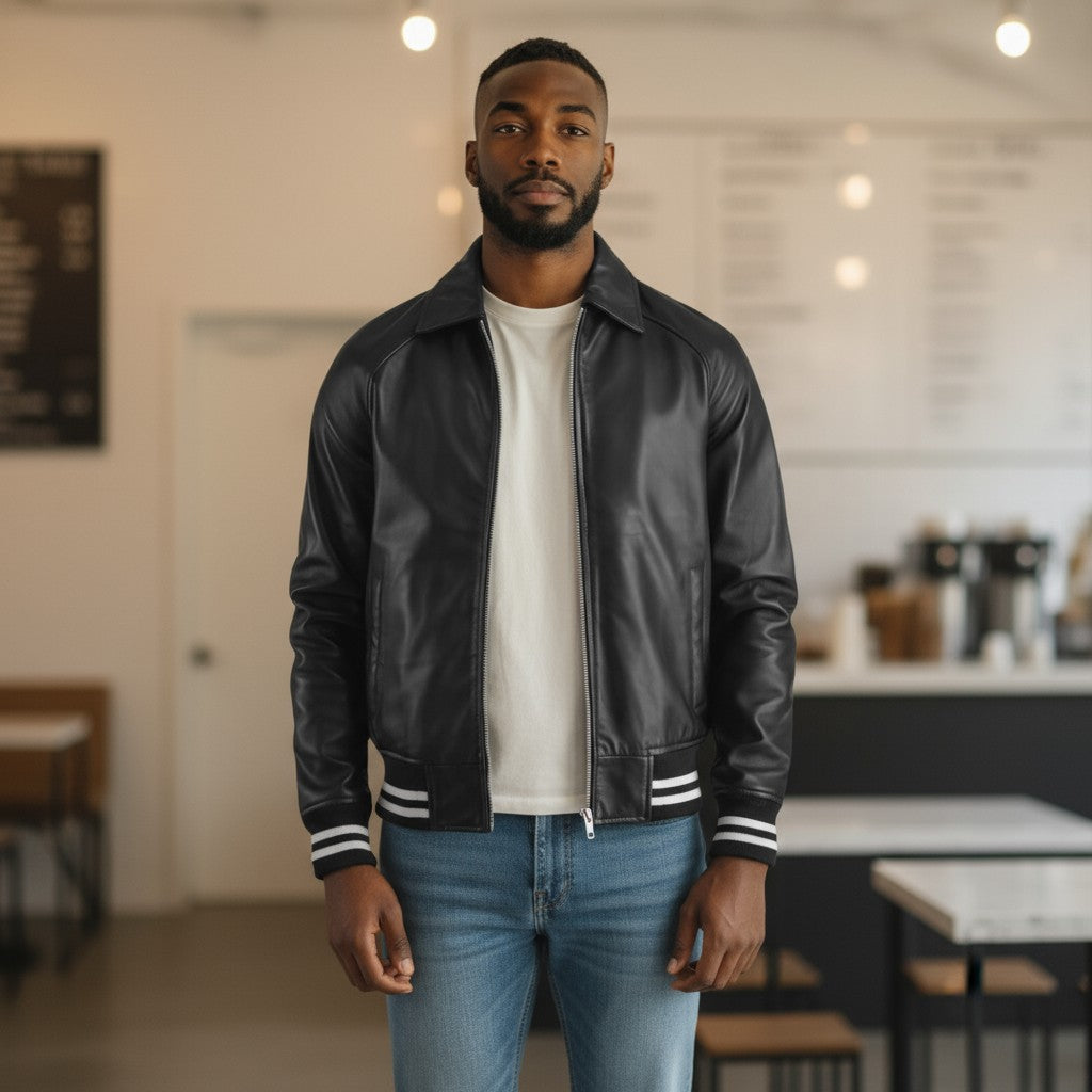 Walton Varsity Jacket in Black Leather For Unisex