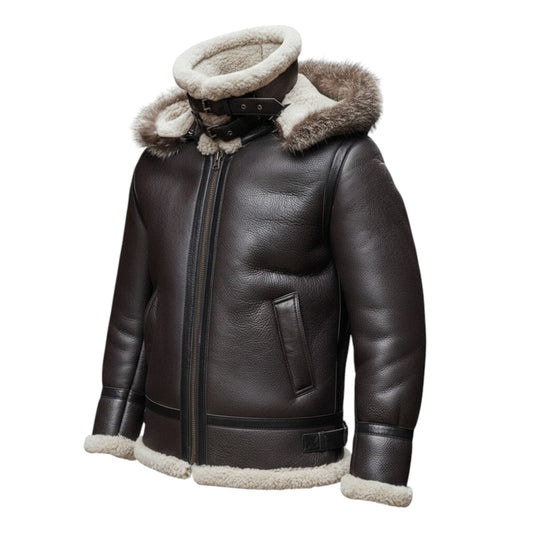 Brown leather jacket with fur-lined hood on a white background