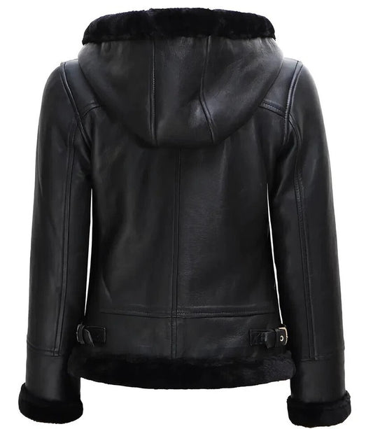 Black leather jacket with fur lining on a white background