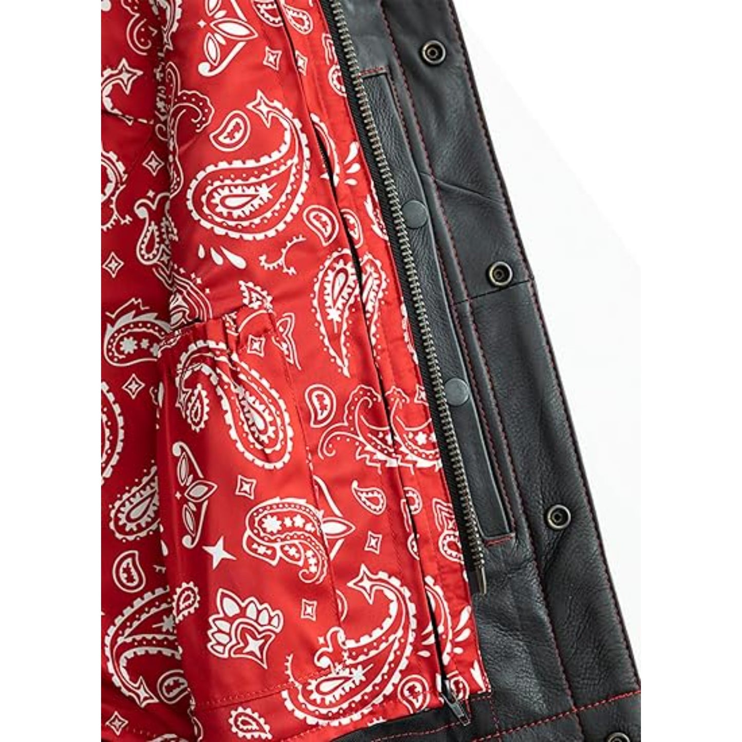 Red bandana-patterned jacket with black leather accents on a white background
