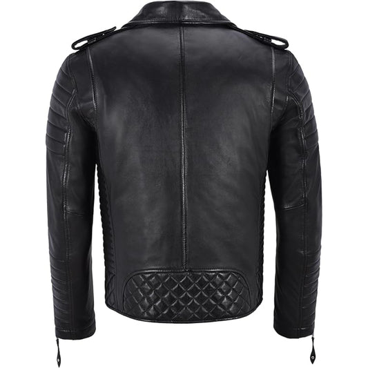 Black leather jacket with quilted design on a white background