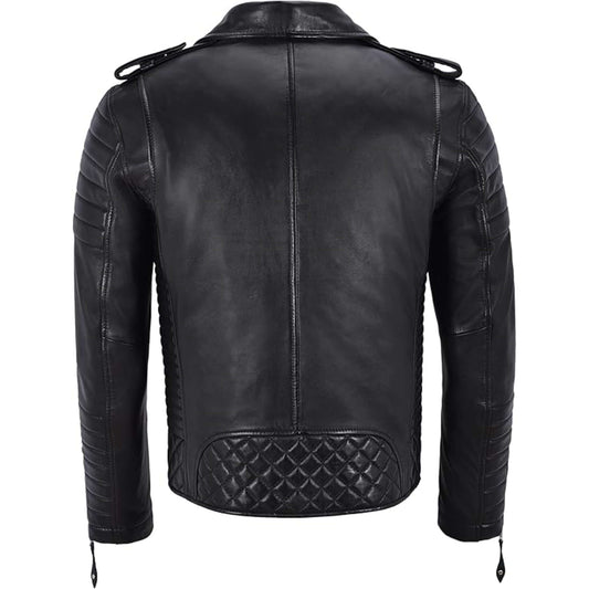 Men Retro Black Quilted Sheep Leather Motorcycle Rider Coat