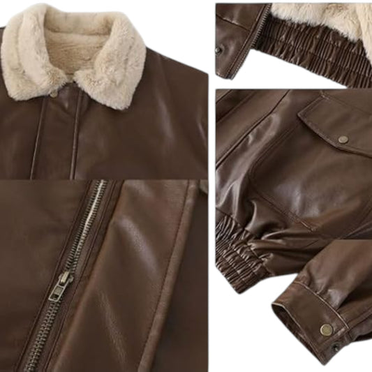 Collage of a brown leather jacket with fur collar and details.