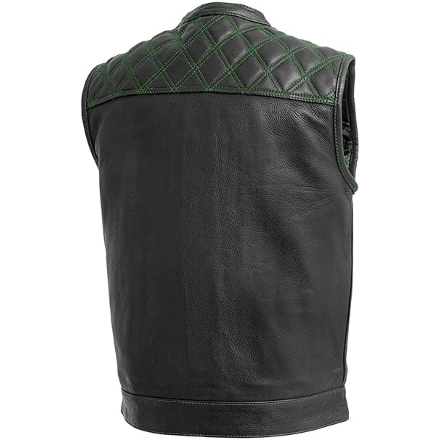 Black leather vest with green quilted accents on a white background