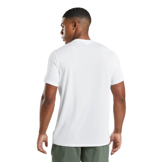 Man wearing a white t-shirt on a white background