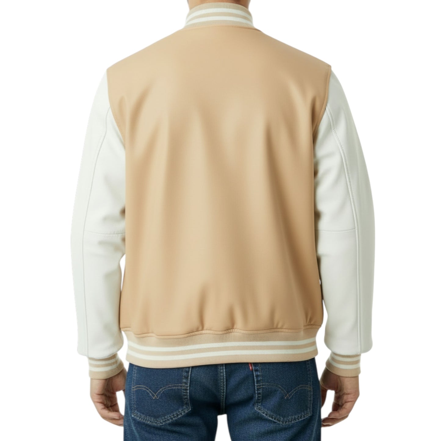 Beige and white varsity jacket worn by a person on a white background