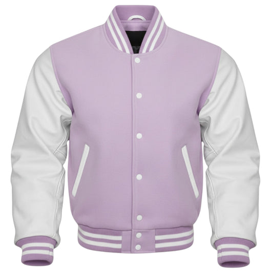 Purple and white varsity jacket on a white background