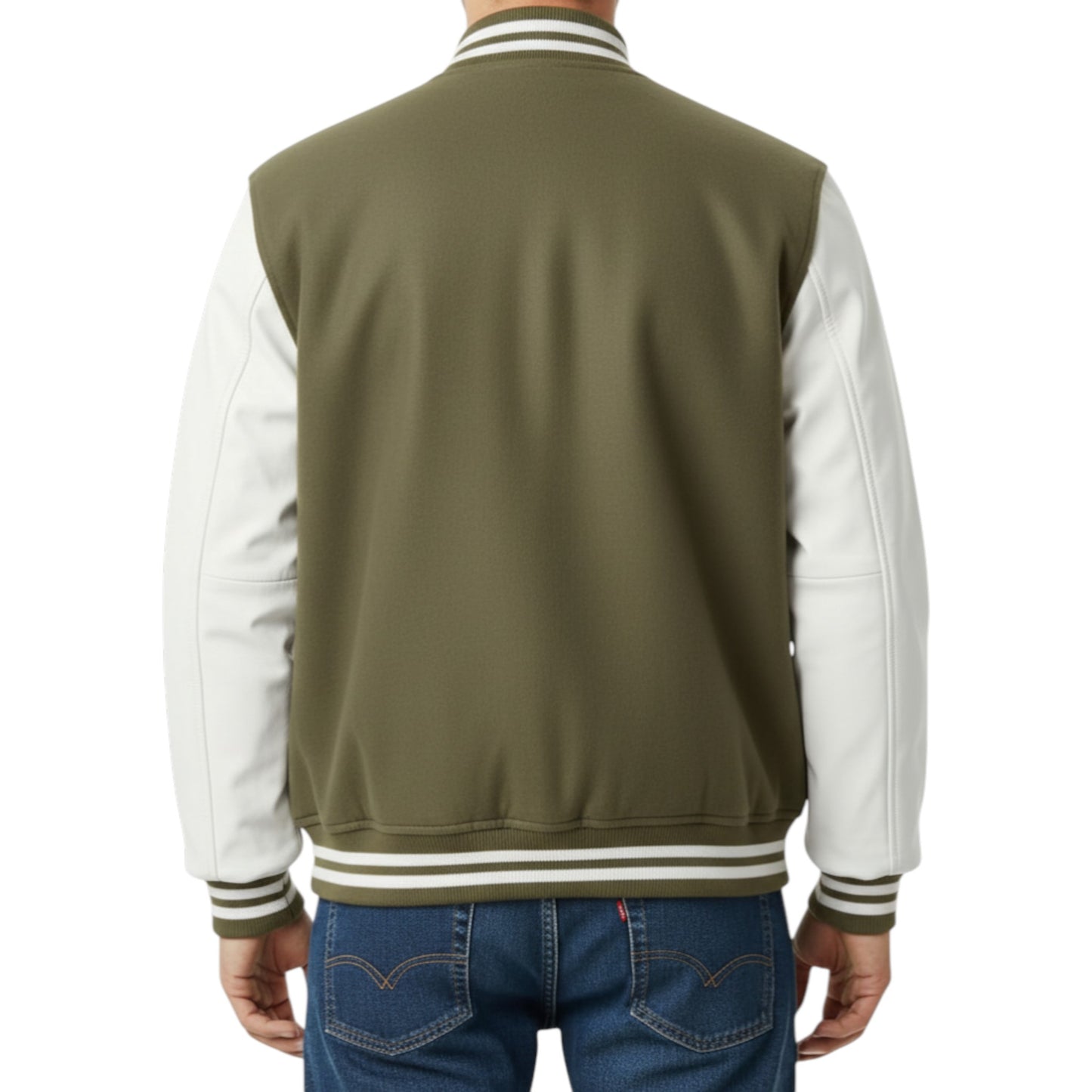 Green and white varsity jacket on a person with a white background