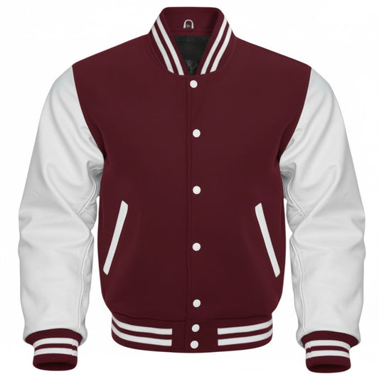 Maroon and white varsity jacket on a white background