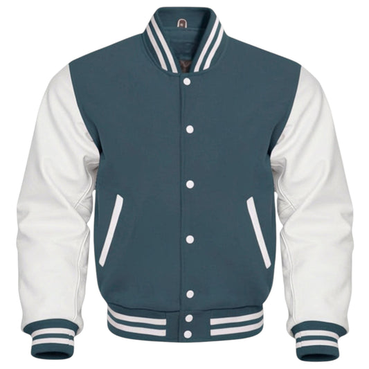 Gray and white varsity jacket with button details on a white background