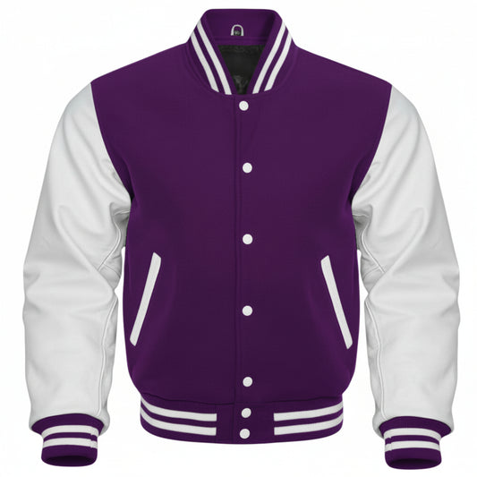 Purple and white varsity jacket on a white background