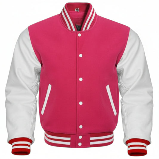 Pink and white varsity jacket with red cuffs and hem on a white background