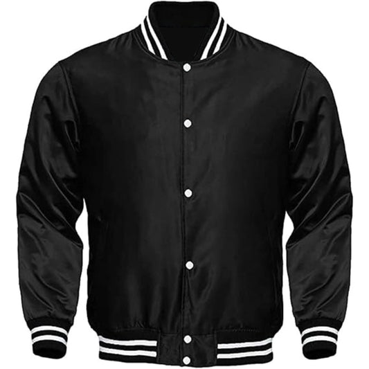 Black varsity jacket with white buttons and trim on a white background