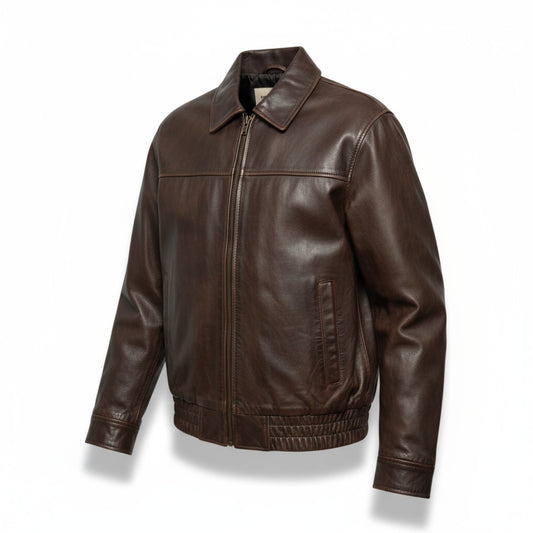 Brown leather jacket on a white background