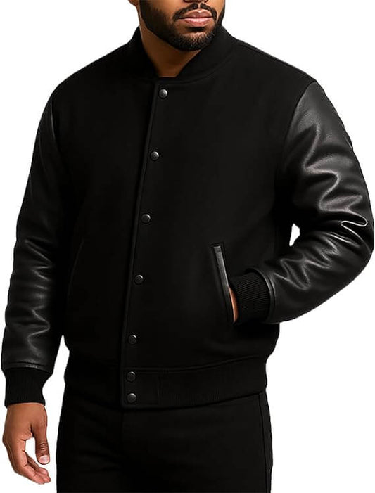 Varsity Jacket Black Wool & Leather Classic Collegiate Style