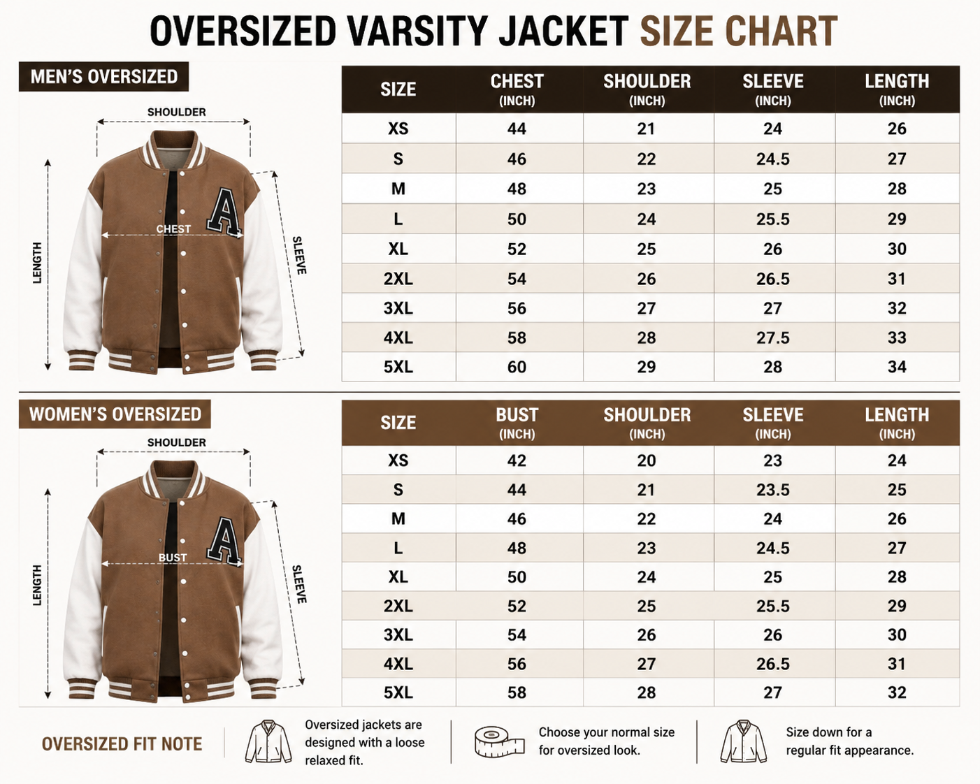 Oversized varsity jacket size chart with measurements for men and women.