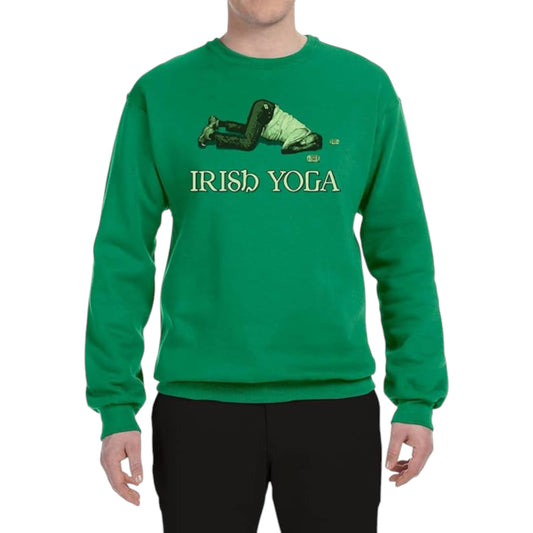A man wearing a green sweatshirt with the text 'IRISH YOGA' and an image of a cartoonish green yoga mat and shoes on it.