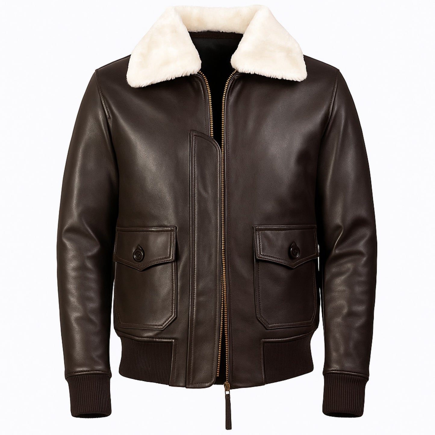 Brown leather jacket with white fur collar on a white background
