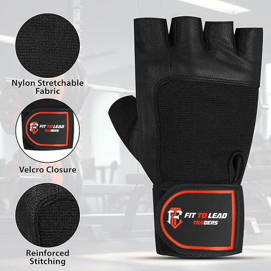 Premium gym gloves with leather palm, nylon fabric, and velcro closure for optimal grip and support in weightlifting.