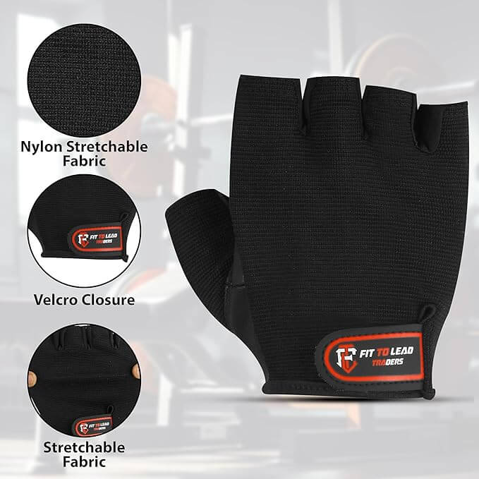 Men and women weightlifting gloves with nylon stretchable fabric and Velcro closure for optimal grip and comfort.