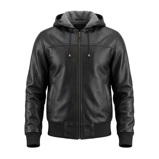 Black leather jacket with a hood on a white background