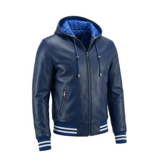 Blue leather jacket with white stripes on cuffs and hem on a white background