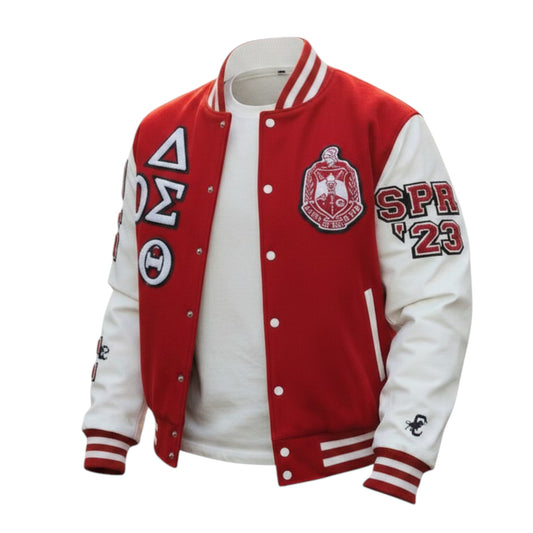 Red and white varsity jacket with logos and text on a white background