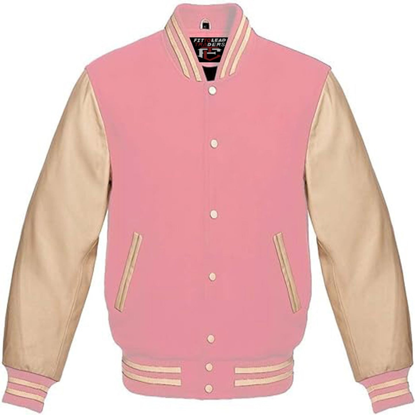 Pink and beige varsity jacket on a white background