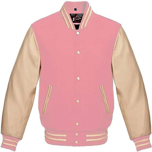 Pink and beige varsity jacket on a white background