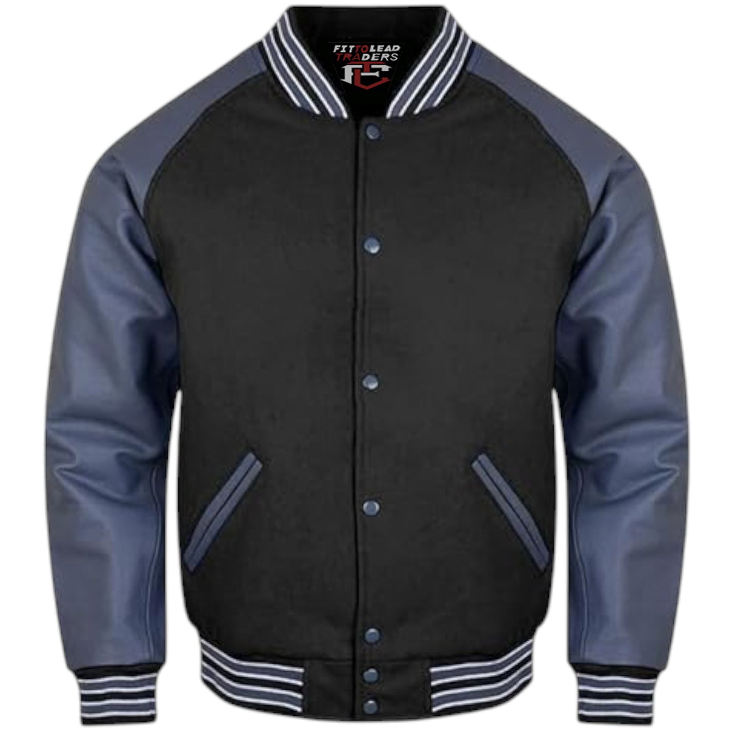 A stylish varsity jacket with a black wool body and grey leather sleeves, featuring a quilted polyester lining, snap buttons, ribbing on the cuffs, collar, and hem, and multiple pockets.