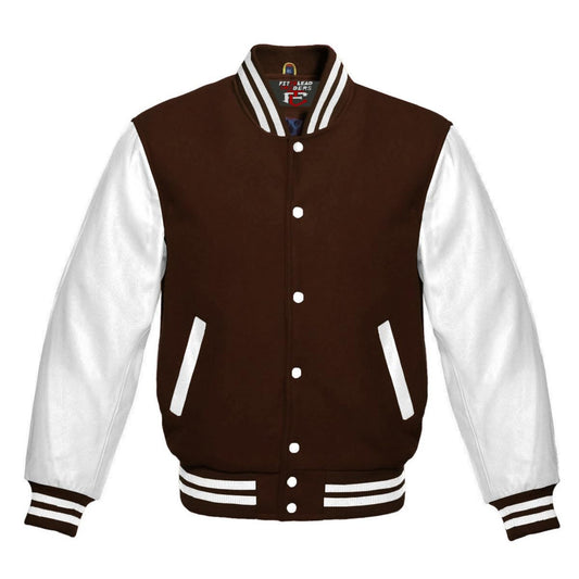 Brown and white varsity jacket on a white background