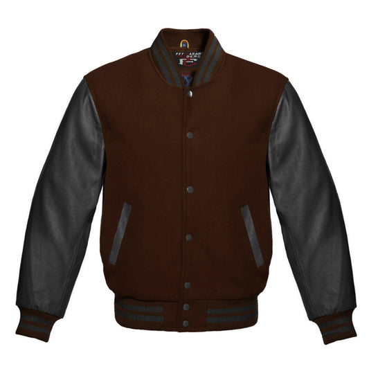 Brown and black varsity jacket on a white background