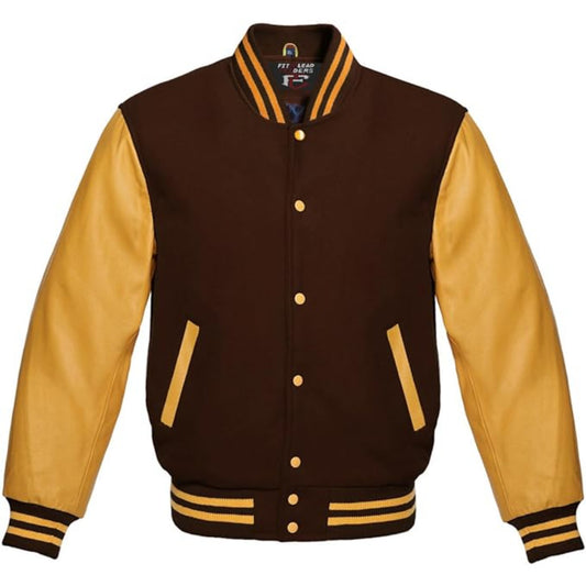 Brown and yellow varsity jacket with button details on a white background