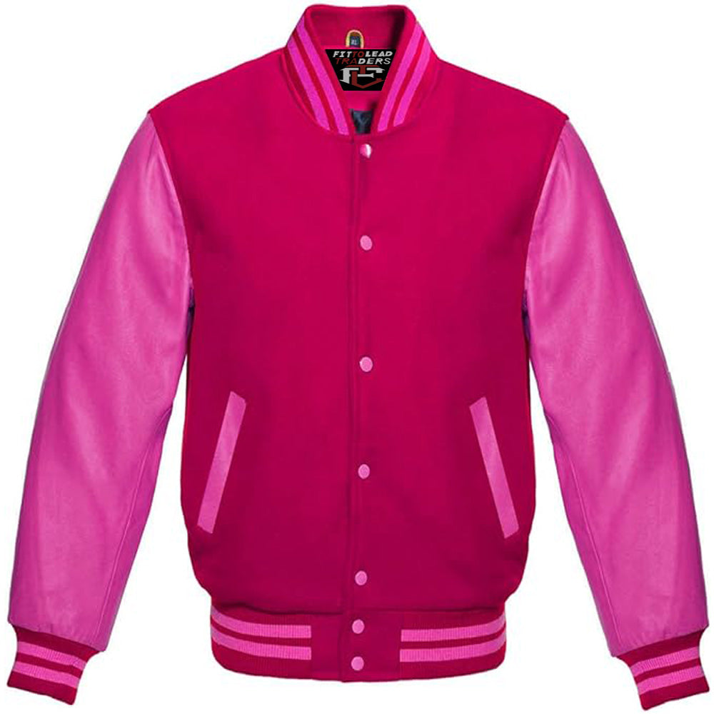 Premium Varsity Baseball Letterman Jacket Wool & Hot Pink Leather