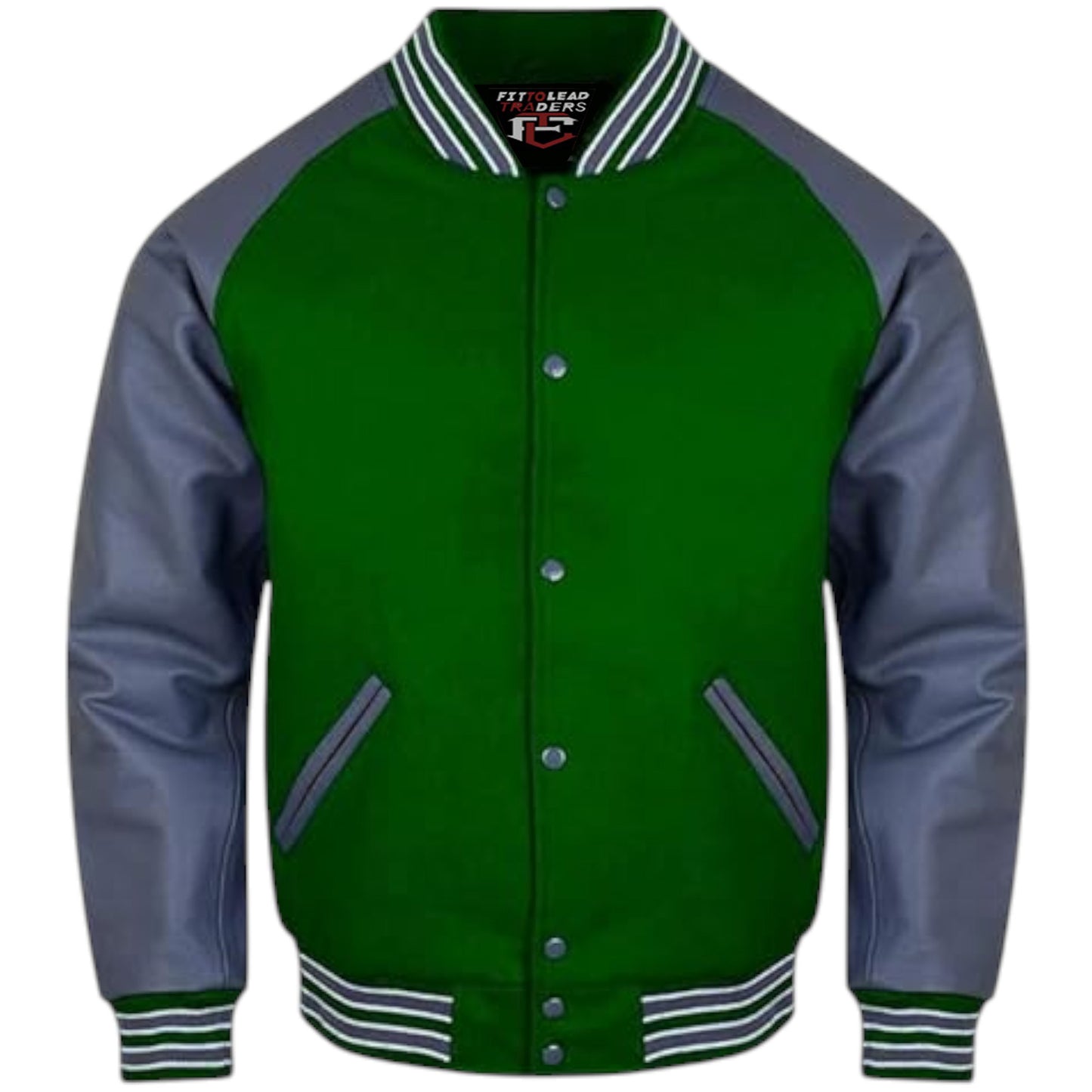A stylish varsity jacket with a black wool body and grey leather sleeves, featuring a quilted polyester lining, snap buttons, ribbing on the cuffs, collar, and hem, and multiple pockets.