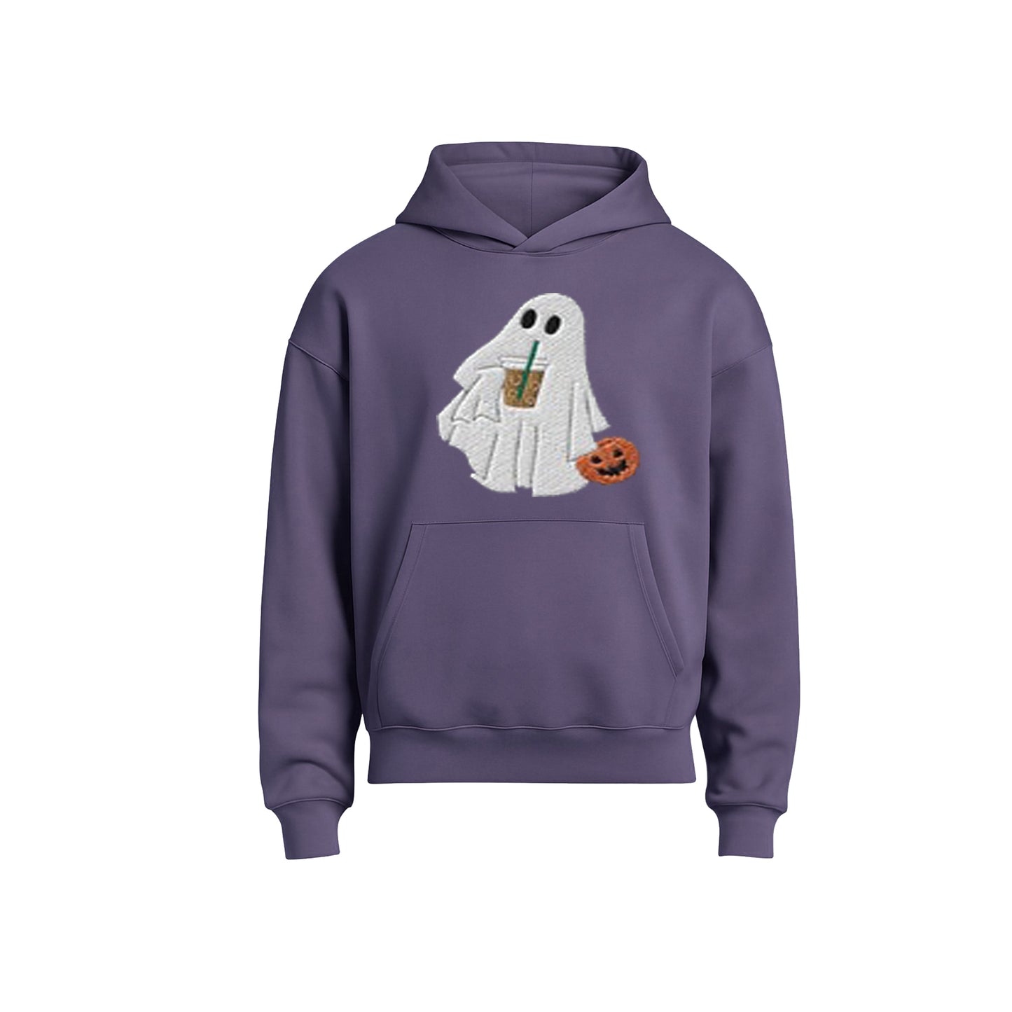 Purple hoodie with a ghost design holding a coffee cup and pumpkin on a white background