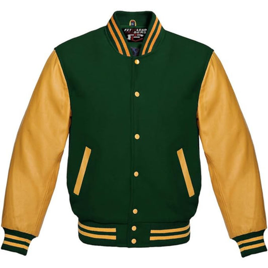 Modern Wool Bomber Jacket Gold Leather Sleeves Stylish Wear